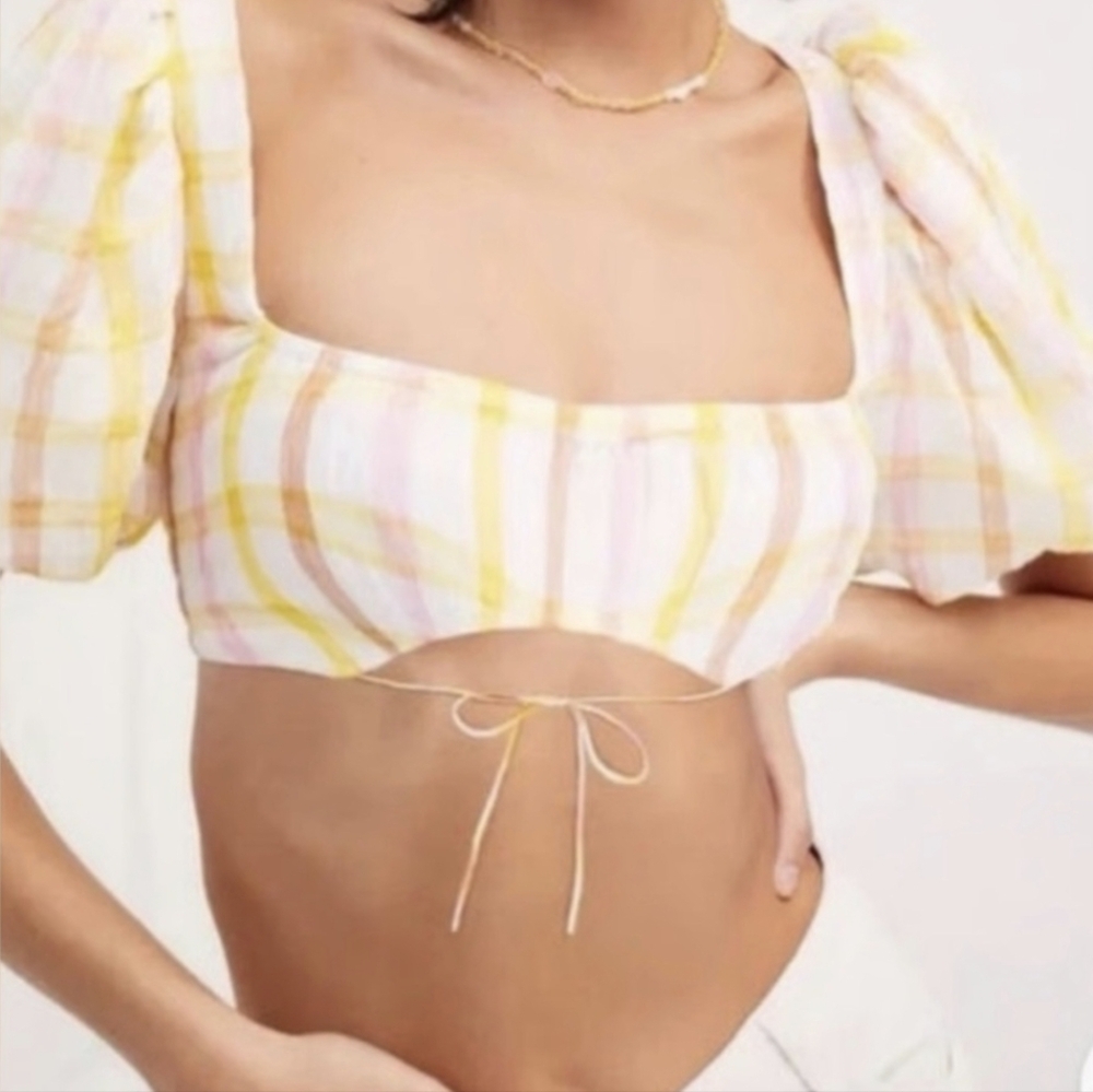 For Love And Lemons Pastel Plaid Puff Sleeve Maya  Top S